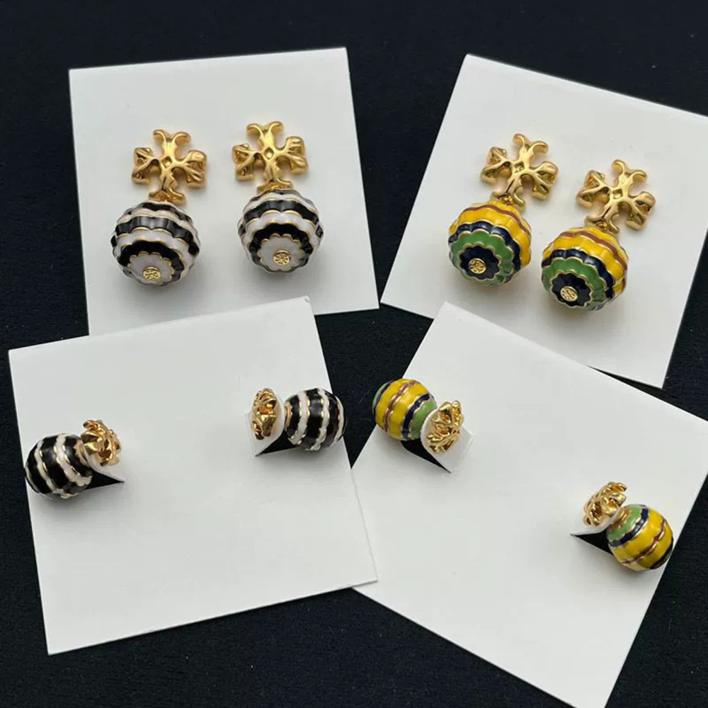 Tory Burch Gold Plated Copper Enameled Double Stud Ball Drop Earrings